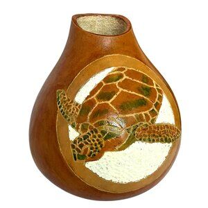 VTG Hawaiian Ipu Hand Carved Guord w/ Sea Turtle Vase-Signed BW/7
